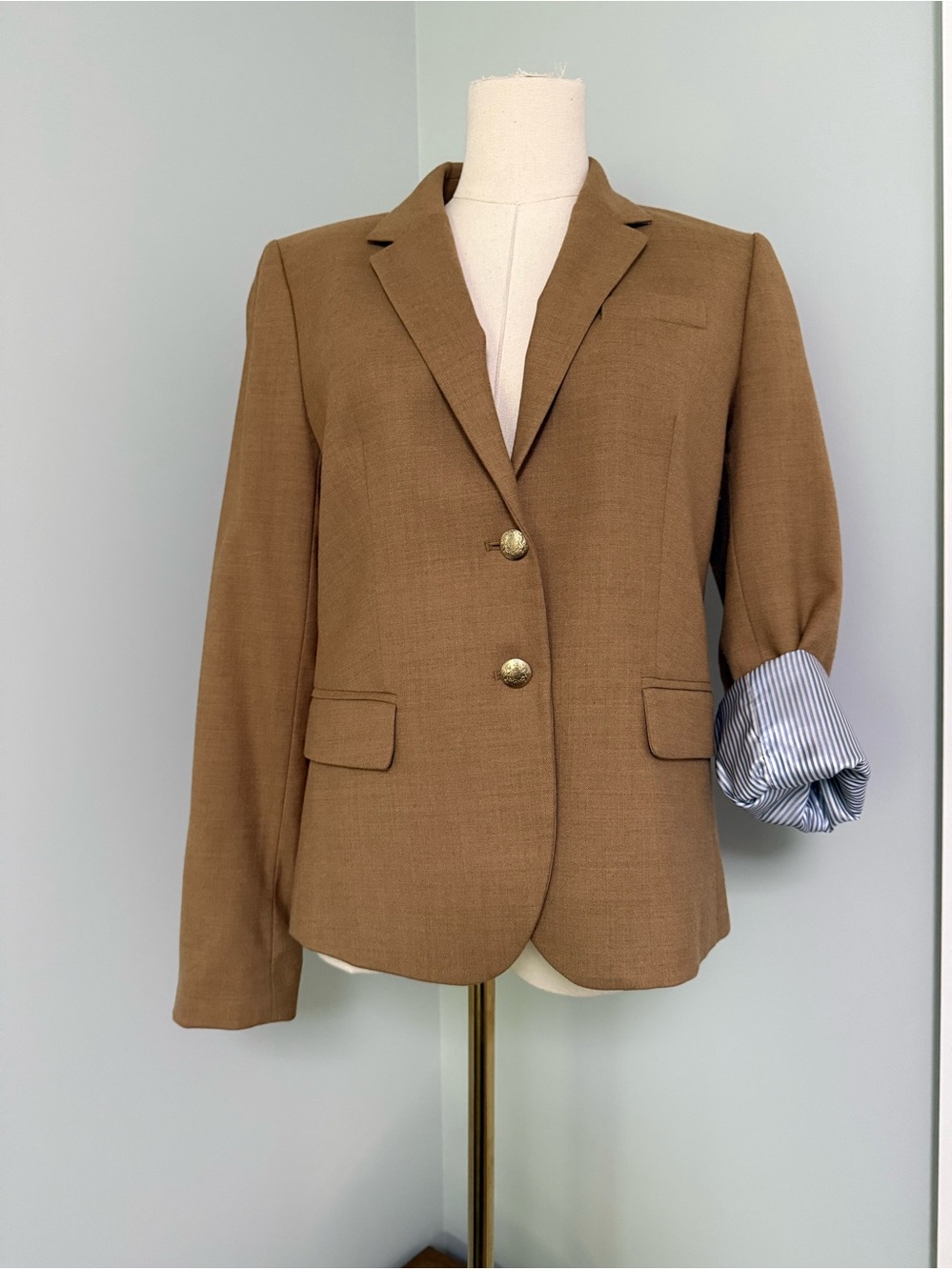 J.Crew Women’s Blazer Size 8
Camel/Tan Wool Blend with Blue Stripe Lining